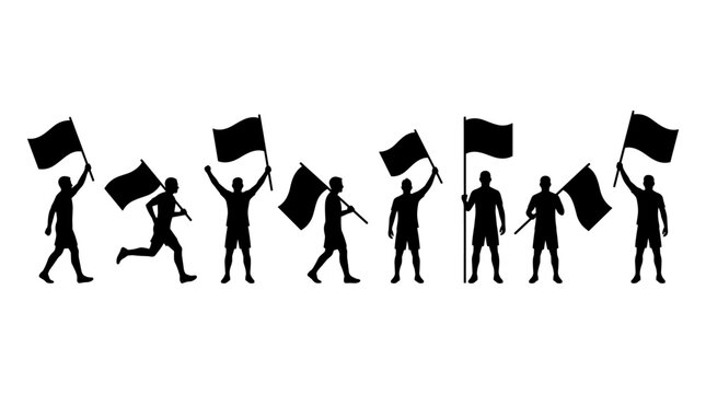 Isolated silhouette collection of people holding and waving flags, protest march or celebration, victory, social movement, activism, dynamic group