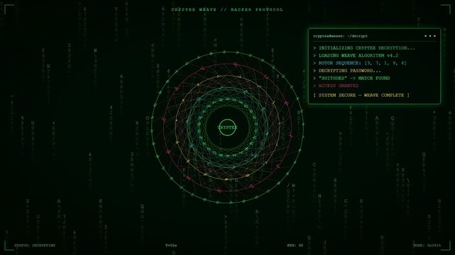 Futuristic Digital Interface with Circular Data Visualization and Scrolling Green Computer Code on Dark Background