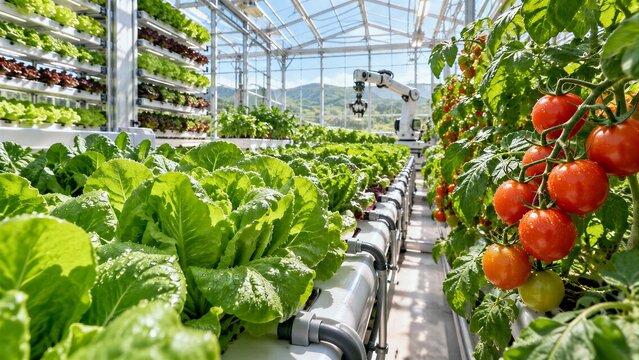 Hydroponic greenhouse facility showcasing vibrant vegetable plants thriving in advanced irrigation systems under a clear glass roof.
