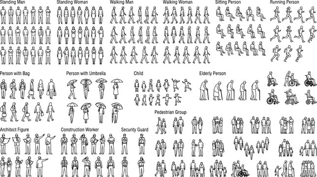 Set of various people silhouettes, including walking, standing, sitting, running, and groups, isolated on white background