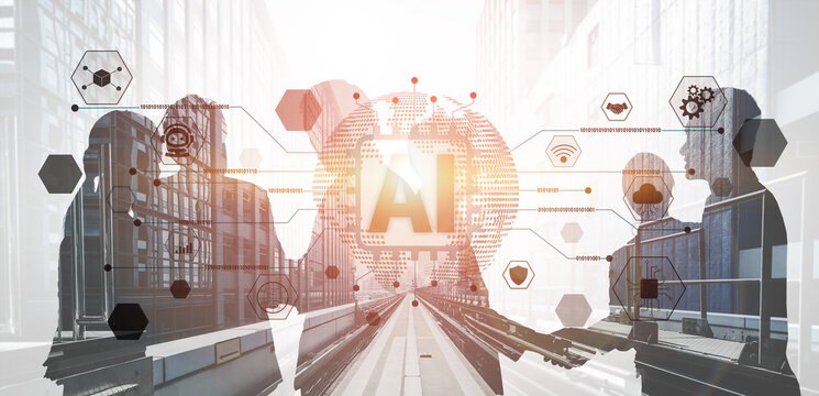 Business Professionals Interacting with AI Technology Concept in Modern Urban Setting with Data Visualizations and Digital Elements Fluxor.