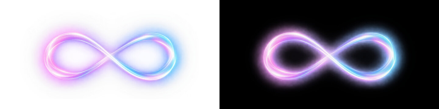 Glowing purple neon infinity symbol on transparent background, bright magenta figure eight loop sign with illuminated outer haze. Futuristic cyber technology logo creates endless energy icon.