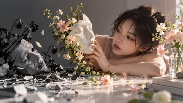 Woman Exploring Identity Through Art and Flower-Covered Masks