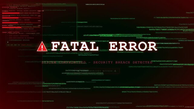 Digital screen displaying fatal error message with security breach warning and scrolling computer code