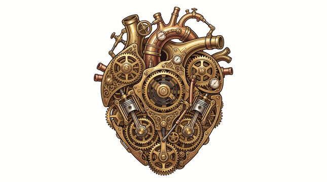 Intricate steampunk mechanical heart made of brass gears and metallic engine parts.