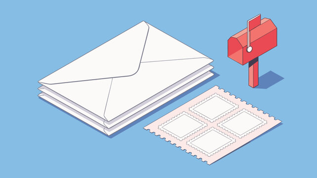 Isometric mail and delivery concept with stack of white envelopes stamps red mailbox