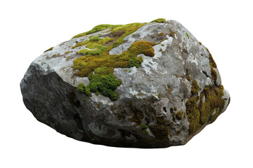 Fototapeta premium Large rugged boulder with moss growing across the top cut out on transparent background