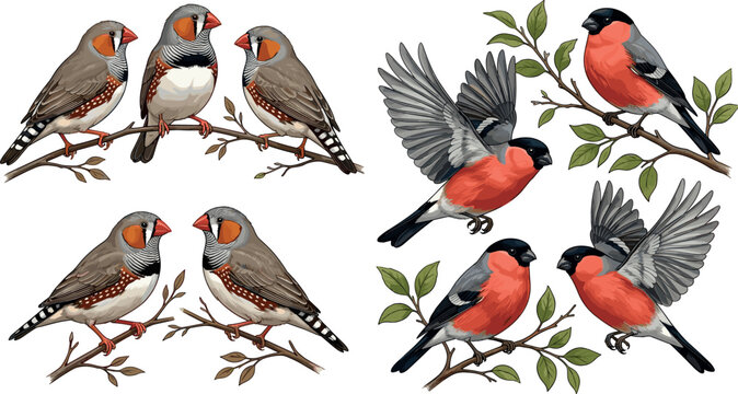 Watercolor Finch Bird Vector Illustration Clipart Set with Detailed Zebra Finch and Eurasian Bullfinch Elements on Tree Branches for Nature Graphic Designs