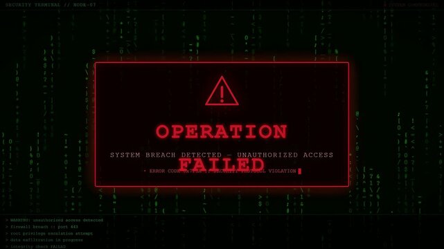 Digital security alert screen with failed operation warning and scrolling green binary code background