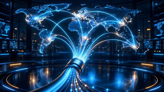 Global communication network concept with thick glowing fiber optic cable connected to futuristic digital world map hologram.