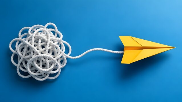 Yellow paper airplane flying out of tangled messy rope knot on blue background symbolizing creative problem solving and clear business strategy.