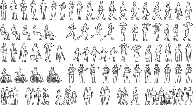 Comprehensive set of architectural 2d people silhouettes for design projects, including various poses, groups, and professions