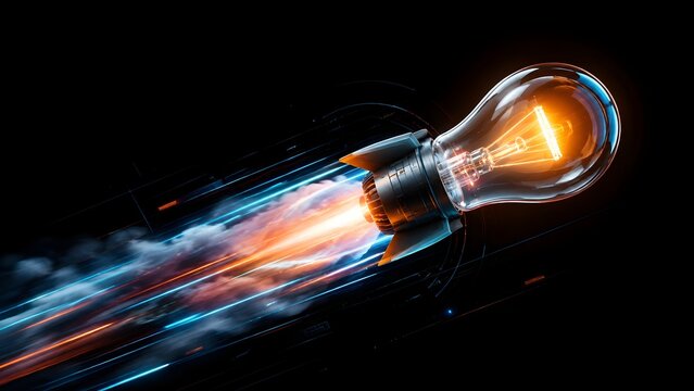 Glowing lightbulb rocket ship flying at high speed with fire thrust in dark space symbolizing fast startup launch and rapid innovation.