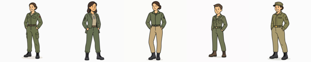 Obraz premium A set of vector illustrations of a female soldier posing while standing, with her hands in her pockets.
