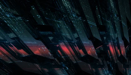 Abstract digital background with glowing blue matrix data lines and red neon horizon 3d render © MiaStendal