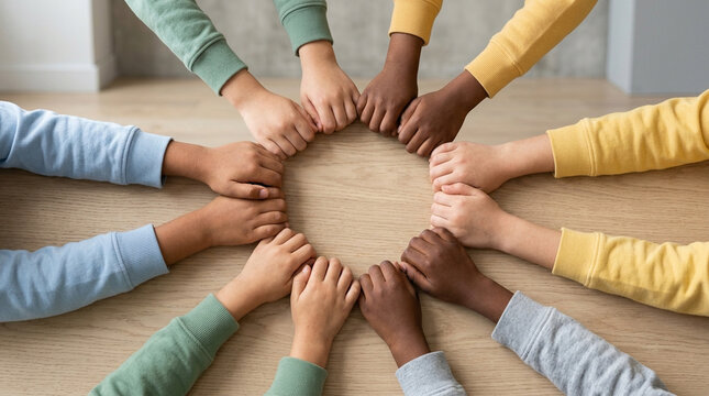 Children's Hands in Circle Top View Unity Concept, Diverse Kids Togetherness and Support Clean Minimalist Indoor Photography