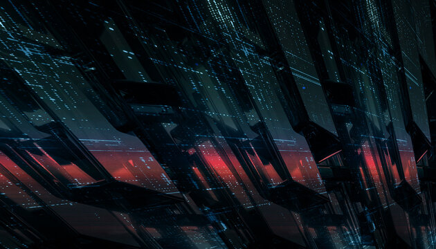 Abstract digital background with glowing blue matrix data lines and red neon horizon 3d render