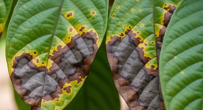 Diseased green leaves showing brown spots of leaf blight infection with pathogen