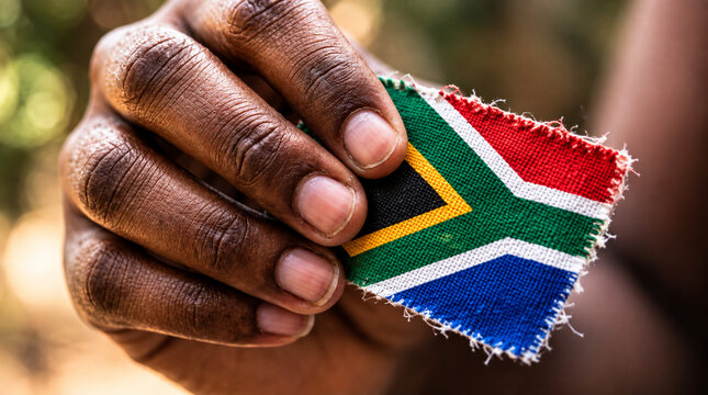 Close up of a person holding a small frayed South Africa flag patch