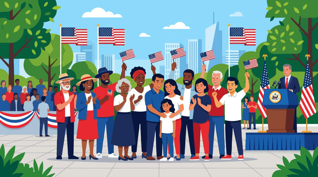 Diverse group of diverse citizens attending a political campaign rally outdoors