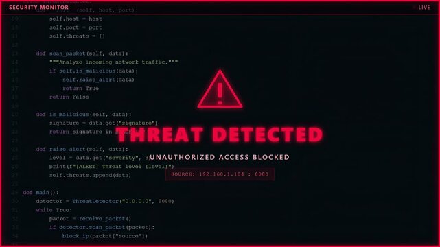 Cyber Security Interface with Red Threat Detected Warning and Scrolling Computer Code on Screen
