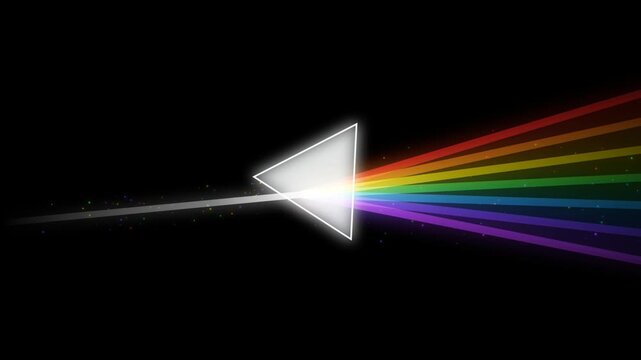 Glass prism splitting white light beam into a colorful rainbow spectrum on a dark background 4k Motion Video