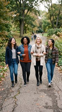 Diverse group of four women friends walking arm in arm on a park path during autumn with colorful trees and fallen leaves