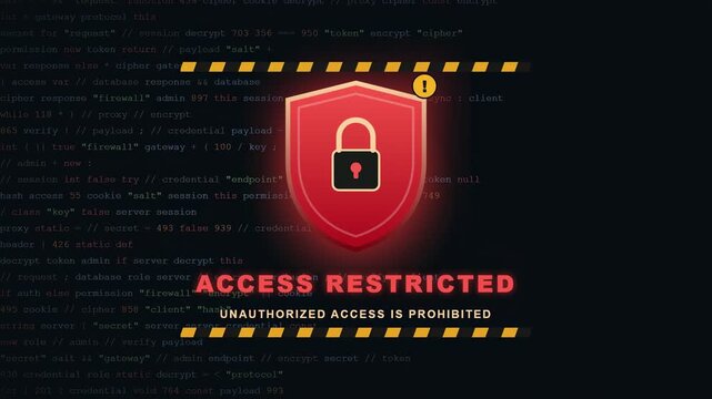 Digital security warning screen with access restricted alert and red lock icon on code background