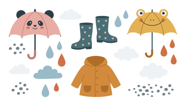Cute Autumn Rainy Day Vector Set Featuring Panda and Frog Umbrellas, Raincoat, Rubber Boots, Clouds, and Raindrops Icons Isolated on White Background