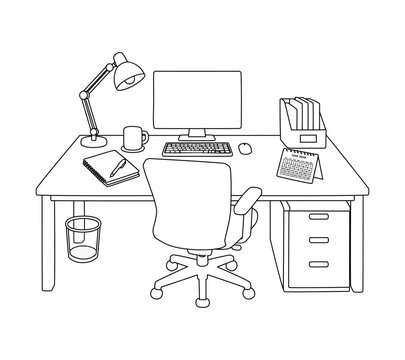 Cartoon Office Desk Outline Style Illustration Simple Digital Design