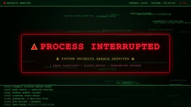 Digital screen displaying a system security breach alert with process interrupted warning and scrolling code