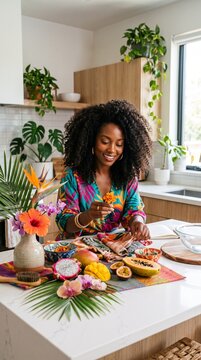 Woman in colorful tropical dress arranging exotic fruits and flowers in a bright modern kitchen