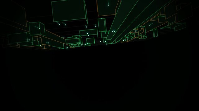 Abstract digital space with glowing green wireframe cubes and light particles floating in dark void representing futuristic technology and virtual reality network concepts 4k Motion Video