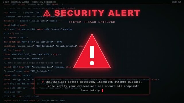 Digital security alert with red warning sign and scrolling computer code on black screen