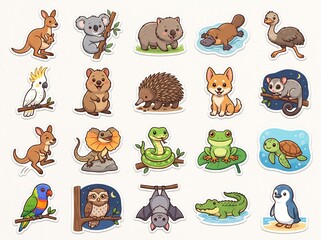 Obraz premium Cute Australian Animals Sticker Set Cartoon Icons