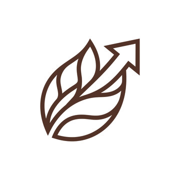 Brown leaf silhouette transforming into upward pointing arrow.