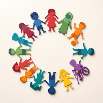 Multiethnic group of children holding hands in a circle representing global unity and diversity