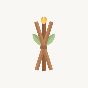 Bundle of sticks with flower and leaves