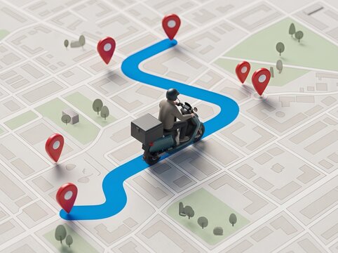 Modern scooter follows a vivid blue route across a textured map connecting multiple red location markers.