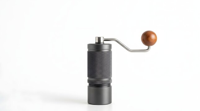 Manual Coffee Grinder with Wood Ball Handle on White Background