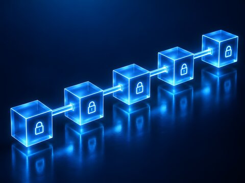 Blockchain technology concept featuring glowing blue connected cubes with padlocks representing secure decentralized network encryption