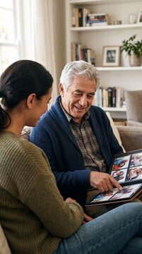 Elderly man and young woman looking at family photo album reminiscing about memories together