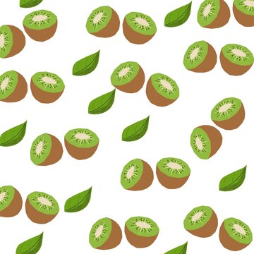 A seamless pattern vector illustration featuring halved kiwi fruits and green leaves randomly scattered across a white background
