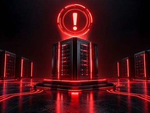 Critical server failure and network outage represented by a glowing red exclamation mark over a massive data center mainframe