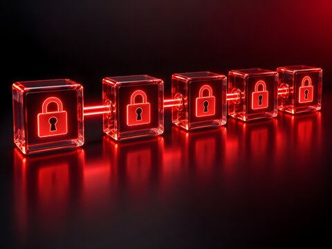 Blockchain security concept featuring a connected chain of glowing red glass blocks containing padlock symbols representing decentralized data protection