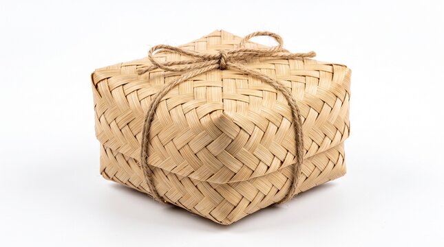 Traditional Indonesian woven bamboo basket (besek) tied with rustic string, eco-friendly food packaging isolated on white background.