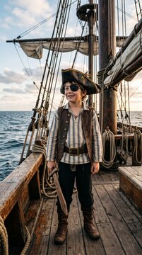Young boy dressed as a pirate with an eye patch and hat stands on a wooden ship deck holding a toy sword