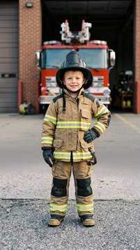 Young boy dressed as a firefighter smiles in front of a fire truck at a fire station