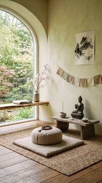 Serene Zen Meditation Room with Buddha Statue Incense and Cherry Blossoms by Arched Window