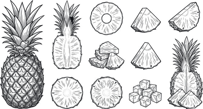 Hand drawn pineapple engraving vector set featuring detailed black ink woodcut style illustrations of whole tropical fruits cubes and slices
